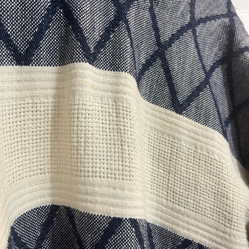 Tory Burch Ryder Poncho Shawl Wrap Navy Cream Geometric Stripe Boho Travel - Picture 5 of 7